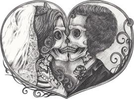 Art couple wedding love skulls. Hand drawing and make graphic vector. vector