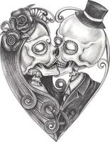 Art fancy couple in love kiss skulls. Hand drawing and make graphic vector. vector