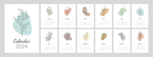 Calendar template for 2024. Vertical design with botanical line art. Natural colors. Editable illustration page template A4, A3, set of 12 months with cover. Vector mesh. Week starts on Sunday.