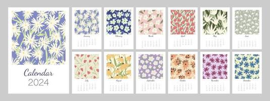 floral calendario modelo para 2024. vertical diseño con brillante vistoso flores y hojas. editable ilustración página modelo a4, a3, conjunto de 12 meses con cubrir. vector malla. semana empieza en domingo.