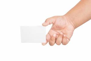 boy hand holding blank card, isolated on white photo