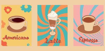 70s groovy vintage posters, retro print with americano, latte , espresso coffee Vector illustration