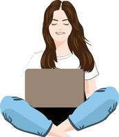 A girl sitting looking at a laptop screen wearing a white T-shirt and jeans vector