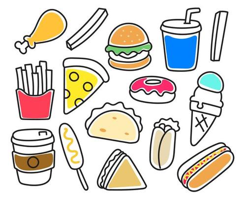 Set of colorful foods doodle illustration isolated on white background