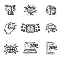 Set of artificial intelligence icons in cute doodle style isolated on white background vector