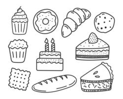 Set of cakes doodle illustration with cute design isolated on white background vector