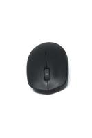 Black wireless computer mouse isolated on white background. Computer hardware. Front view. photo