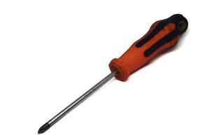 Old and rusty phillips screw driver orange and black colors isolated on white background. Hand tool. Top and side view. photo