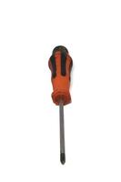 Old and rusty phillips screw driver orange and black colors isolated on white background. Hand tool. Front view. photo