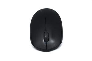 Black wireless computer mouse isolated on white background. Computer hardware. Front view. photo