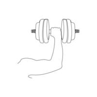 Hand holding dumbbell. One line art. Athletic sportsman arm holding dumbbell. Gym and fitness concept. Vector illustration.