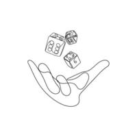Hand throwing dice. Take a chance, lucky hand. Gambler, business risk concept in one line art drawing style. Hand drawn vector illustration.