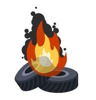 Burning tire. The old wheel. The problem of urban garbage and ecology. Fire and garbage. Flat cartoon isolated on white. vector