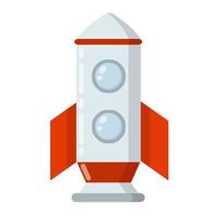 Rocket. Spaceship with porthole. Flight into space. Scientific discovery and colonization of planets. Childrens drawing. Red-and-white flat cartoon spacecraft vector