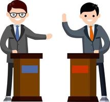 Political debate and dispute between two presidential candidates. Tribune and stand. Dialogue and elections. Podium for speech. Rostrum and man in suit. vector