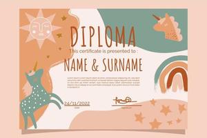 niños unicornio temática diploma vector