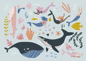 mermaid and sea creatures collection vector