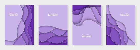 Vector vertical flyers with very peri paper cut waves shapes. 3D abstract paper style, design layout for business presentations, posters, prints, decoration, cards, brochure cover, violet banners.