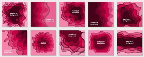 Vector collection of 10 backgrounds with magenta color paper cut shapes. 3D abstract paper art style, design layout for business presentations, flyers, posters, prints, decoration, cards, brochure