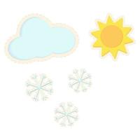 A set of 3D stickers in the form of a sun, clouds and snowflakes in trendy bright shades. Sticker vector
