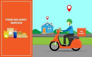 Fast and free delivery service with scooter  or food delivery service in flat style design. Landing page of food delivery service. Vector illustration eps 10.