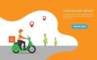 rápido y gratis entrega Servicio con scooter o comida entrega Servicio en plano estilo diseño. aterrizaje página de comida entrega servicio. vector ilustración eps 10