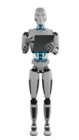 humanoïde robot en portant numérique tablette. 3d rendre isolé png