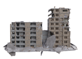 Middle size building damaged after war. 3d render isolated png