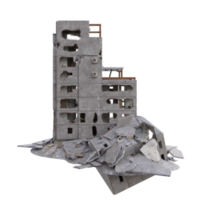 Middle size building damaged after war. 3d render isolated png