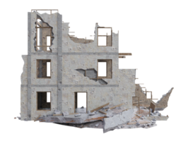 Small size building damaged after war. 3d render isolated png