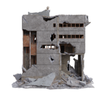 Middle size building damaged after war. 3d render isolated png