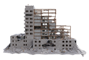 Middle size building damaged after war. 3d render isolated png