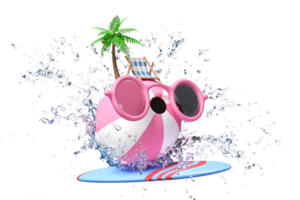 beach ball with sunglasses, water splash, palm tree, beach chair, surfboard, copy space isolated. summer travel concept, 3d render illustration