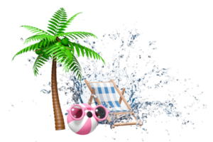 3d beach ball with sunglasses, water splash, palm tree, beach chair, copy space isolated. summer travel concept, 3d render illustration png