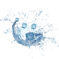 Cubitos de hielo 3d con agua salpicada de agua transparente y azul claro esparcidos por todos lados aislados. ilustración de procesamiento 3d png