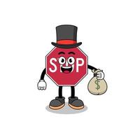 stop road sign mascot illustration rich man holding a money sack vector