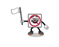 Cartoon Illustration of no trucks road sign holding a white flag vector