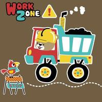 funny bear on dump truck, little bird perching on barrier, vector cartoon illustration