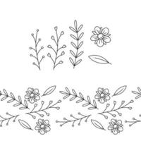 Seamless horizontal border from one flower, leaf and three branch abstract. Doodle vector illustration.