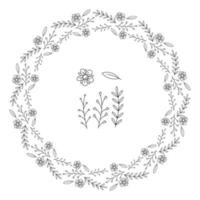 Round shape garland from one flower, leaf and three branch abstract. Doodle vector illustration.