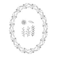 Oval shape garland from one flower, leaf and three branch abstract. Doodle vector illustration.