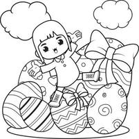 Coloring page Happy Easter with cute girl vector