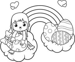 Coloring page Happy Easter with cute girl vector