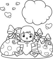 Coloring page Happy Easter with cute girl vector