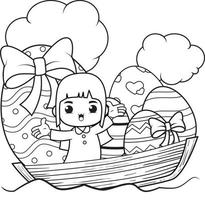 Coloring page Happy Easter with cute girl vector