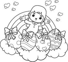 Coloring page Happy Easter with cute girl vector