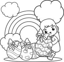 Coloring page Happy Easter with cute girl vector