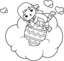 Coloring page Happy Easter with cute girl vector