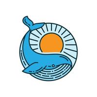 jorobado ballena logo con circular puesta de sol diseño vector ilustración