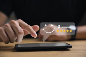 Customer Satisfaction Survey concept, 5-star satisfaction, service experience rating online application, customer evaluation product service quality, satisfaction feedback review, good quality most. photo
